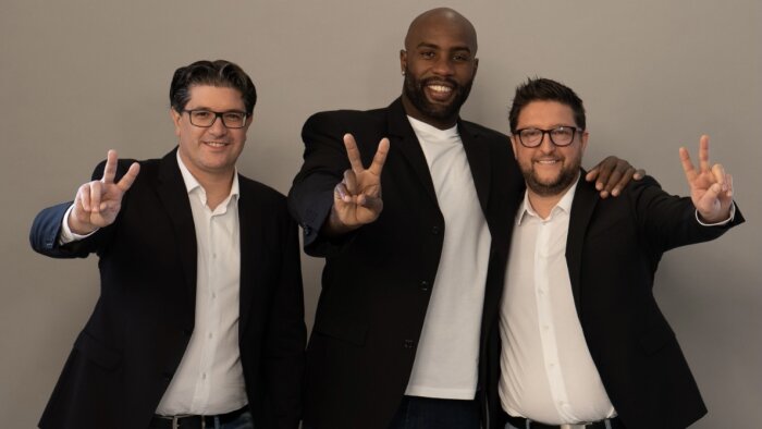 Nicolas Fratini et Frédéric Ibanez, les cofondateurs, et Teddy Riner, nouvel actionnaire du réseau. - © D.R.
