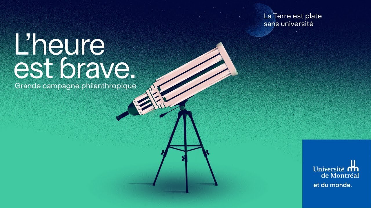 Un téléscope avec la tour de l’Université de Montréal a été choisi pour illustrer la campagne « L’heure est brave ». - © Université de Montréal