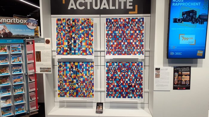 La FNAC a prêté toute une partie de son présentoir d’entrée pour l’exposition. - © D.R.