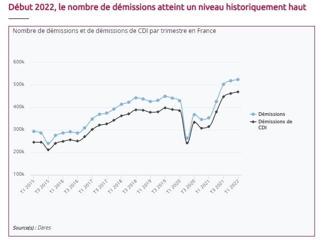 Grande démission : impact en France (source : Dares via News Tank RH, août 2022) - © D.R.