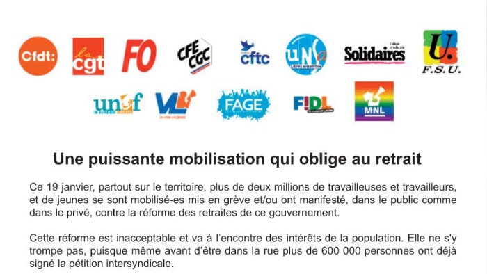 Appel de l’intersyndicale à la mobilisation contre la réforme des retraites le 31/01/2023 - © DR.