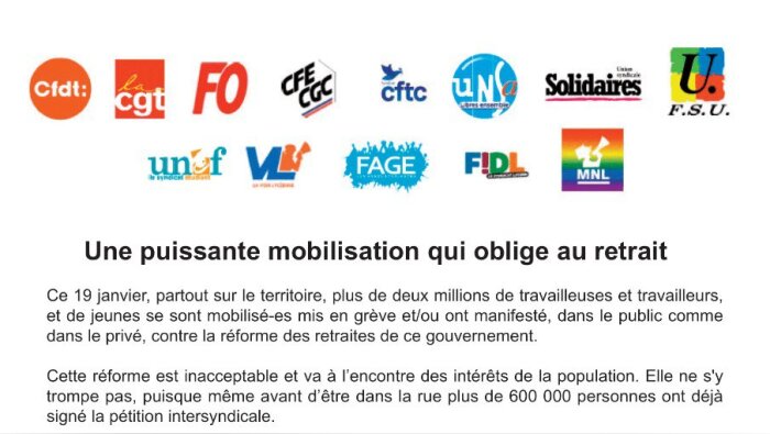 Appel de l’intersyndicale à la mobilisation contre la réforme des retraites le 31/01/2023 - © DR.