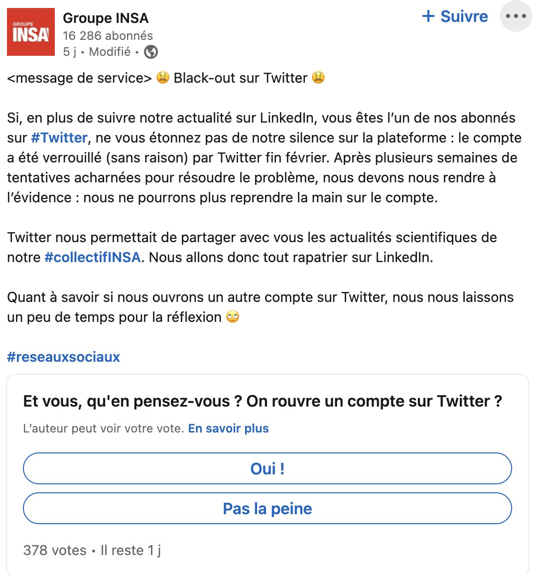 Le sondage posté sur LinkedIn par Céline Authemayou - © D.R.