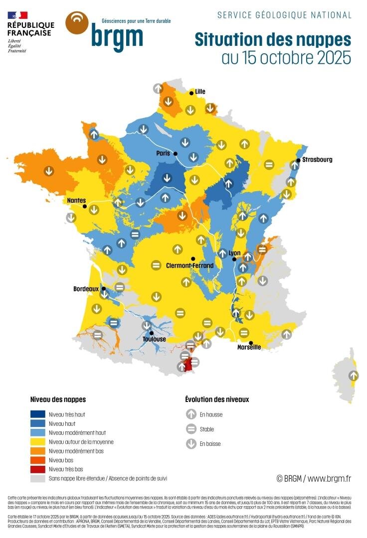 Le manque de pluie de début octobre retarde la recharge des nappes phréatiques. - © BRGM