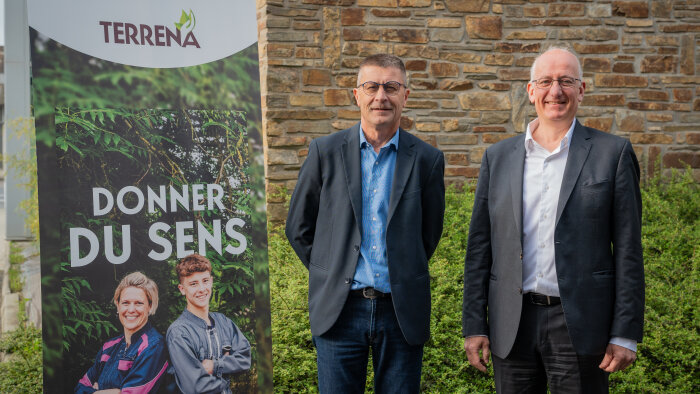 Olivier Chaillou, président de Terrena, et Éric Forin, directeur général, le 14/04/2025 à Ancenis - © Terrena